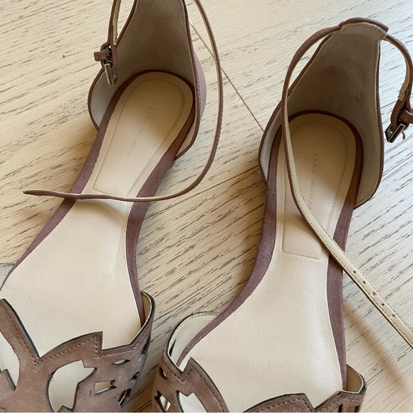 ZARA WOMAN Laser Cut Suede Pointed Toe Flats, D’Orsay, Tan, Size 37 (US 6.5) - Picture 5 of 9